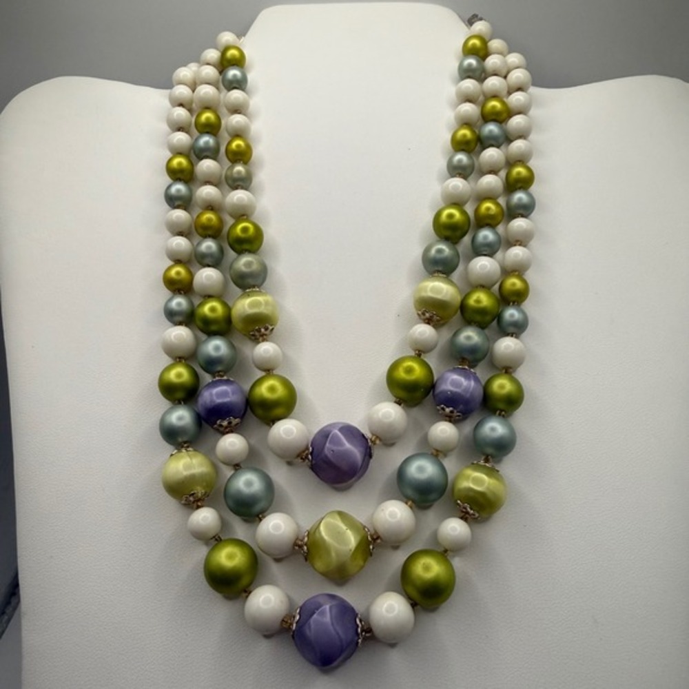 Vintage Multi Strand Beaded Necklace Purple Green Blue White Faux Pearl J Hook